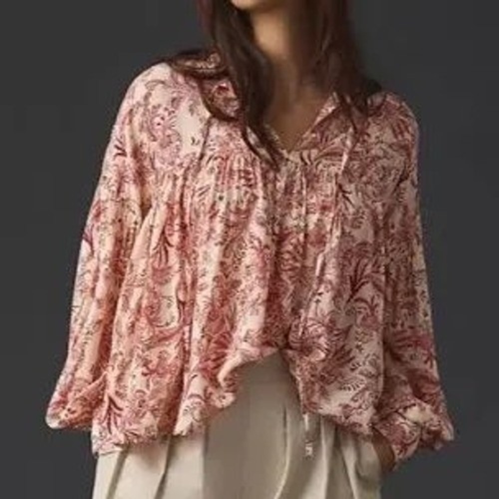 By Anthropologie peasant blouse off white & red tie collar women's size small